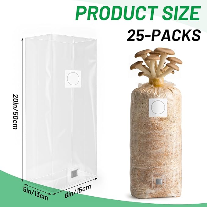 GREANER 6 Mil Grain Spawn Bags 25PCS, 6"x5"x20" Mushroom Bags for Growing with Injection Ports, Unicorn Bags Mushroom with 0.2 Micron Filter Breathable
