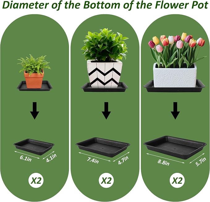 PeoMev 6PCS Plant Saucers for Indoors - 6 8 10 Inch Plastic Plant Trays for Pots Rectangle Plant Plates to Catch Water
