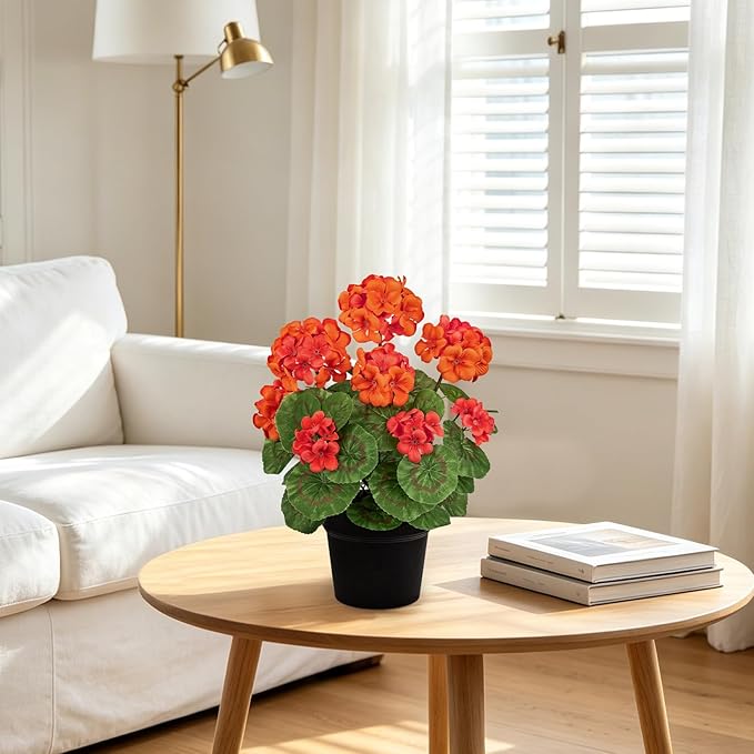 Briful 15.7in Artificial Geranium Plant in Black Pot, Orange Faux Potted Flowers, Real Touch Geraniums for Indoor Outdoor Decor, Table Centerpiece Farmhouse Home, Office, Porch & Living Room Decor