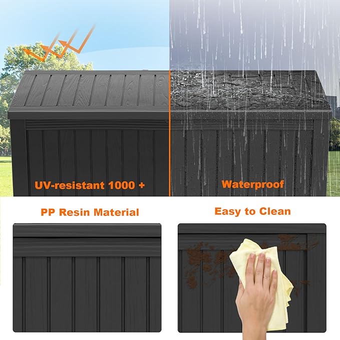 PatioZen 180 Gallon Resin Deck Box, Lockable Patio Outdoor Storage Box for Furniture, Garden Tools and Tools Storage, Waterproof Outside Storage Boxes - Black