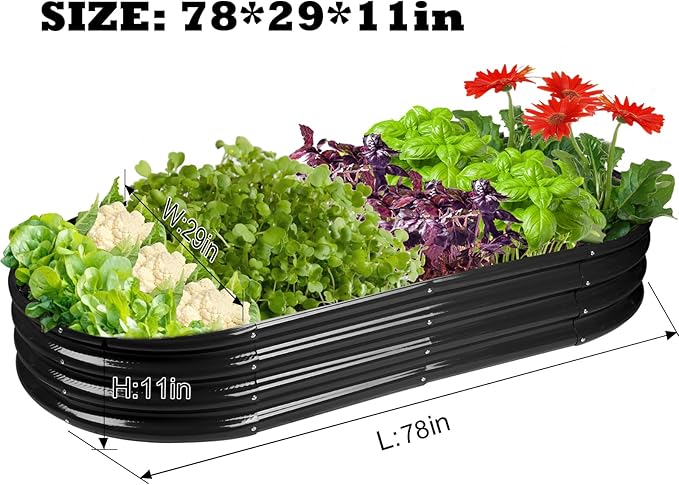 Rakukiri Raised Garden Bed GRS Certified Galvanized Planter Box Outdoor, 6.5ft Oval Rot-Resistant Metal Garden Bed Planter, Recycled Material Planter for Vegetables Flowers Herbs (Black)