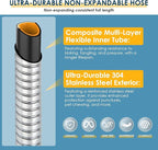 50 FT Stainless Steel Garden Hose with 10-Function Spray Nozzle, Kink-Free Flexible Metal Water Hose, Solid Brass 3/4'' Connectors, Heavy Duty, Durable, Leak-Proof, Lightweight, Tangle-Free