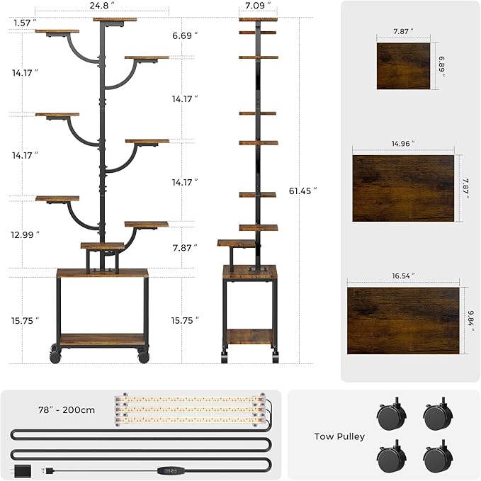 Plant Stand Indoor with Grow Lights - 9-Tier Plant Stand with Wheels, Tall Metal and Wood Indoor Plant Shelf with Tree Design, Rolling Flower Pot Holder Rack with Waterproof Finish, Adjustable Display Stand for Home Garden, Patio, 62" Tall