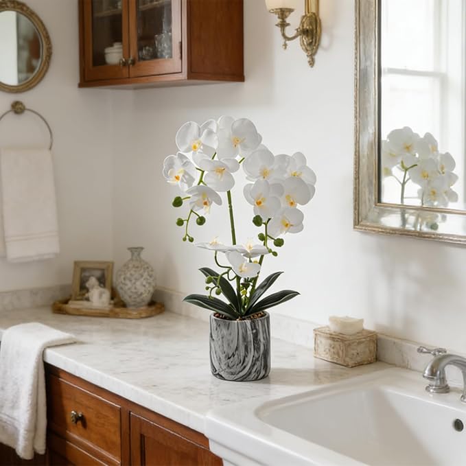 White 16.5'' Fake Orchids Flowers in Pot Bendable Faux Orchids Artificial Flowers Washable Silk Orchid Phalaenopsis Decor for Home Wedding Table Centerpiece Bathroom Office