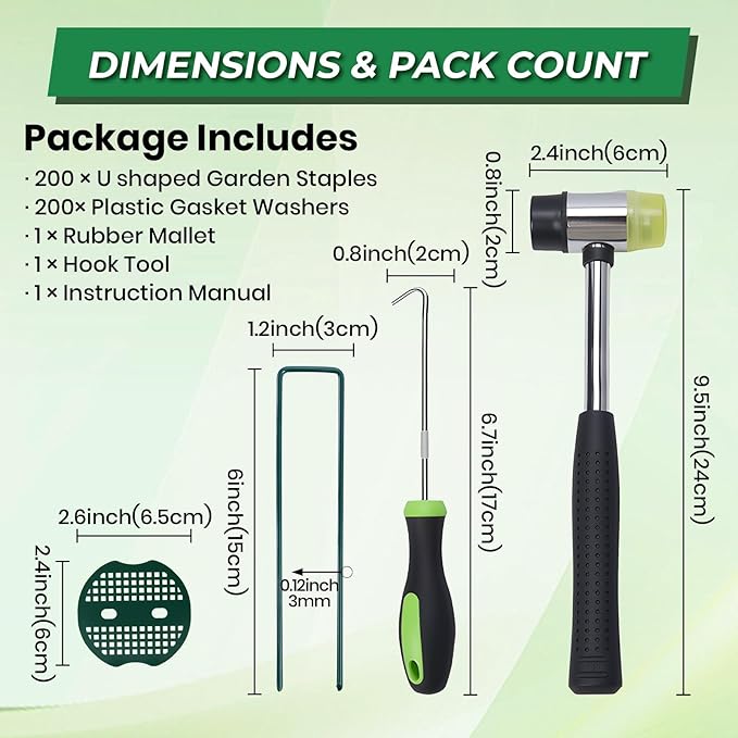 6 Inch Landscape Fabric Staples, 200Pcs Garden Stakes Galvanized +200Pcs Gasket +Pick Hook +Rubber Mallet, U Shaped Weed Barrier Stakes 11 Gauge Lawn Staples Landscape Pins for Yard, Sod, Weed Mat