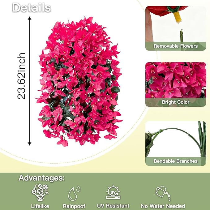 Artificial Flowers for Outdoors Fake Hot Pink Bougainvillea Hanging Flower Decoration, 2Pcs Realistic Faux Silk Plants Long Trailing Vines, Spring Decor for Porch Patio Balcony Planter Yard