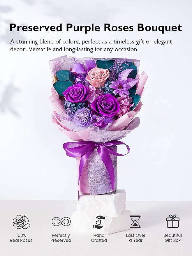 Eterfield Flowers for Delivery Prime, Mother's Day Forever Flowers Bouquet, Preserved Roses and Purple Flowers Birthday Gifts for Her Women Wife Mom Grandma Anniversary Valentines Day Christmas