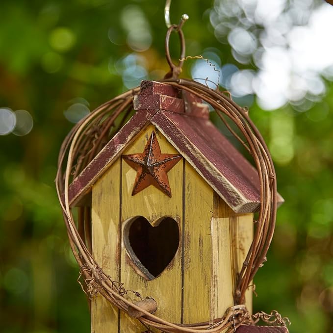 Glitzhome Birdhouses for Outdoors,Hummingbird Houses for Outside, 11.5"H Yellow Hand Painted Distressed Solid Wood Bird Nesting Box Decorative Birdhouse with Rattan Hanging Bird House for Patio Garden