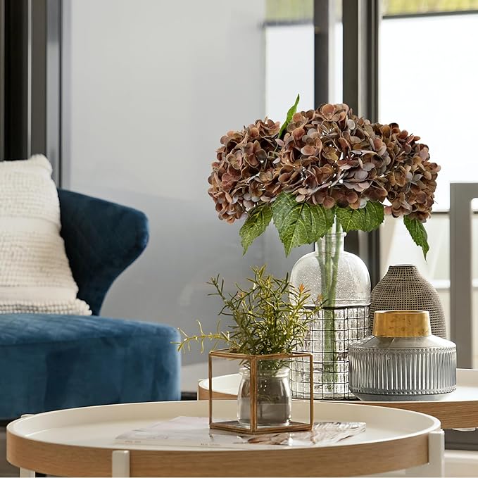 ZYTUYO 3PCS Brown Hydrangeas Artificial Flower 21" Real Touch Faux Latex Fake Hydrangeas Silk Bouquet for Home Kitchen Living Room Spring Table Office Wedding Party Arrangement