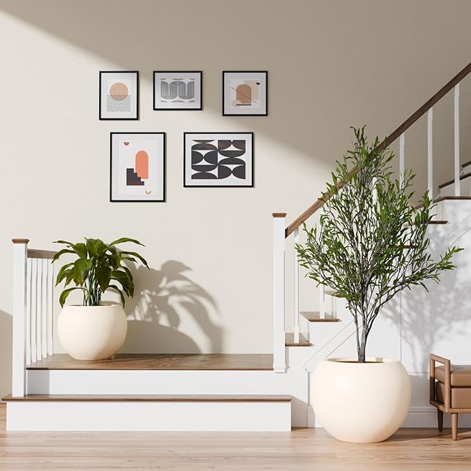 9.7" H x 12" D Premium Globo Fiberstone Round Planter with Drainage Hole, Weather Resistant for Indoor and Outdoor Use, Included 2 Extra Coco Mats (Kilim Beige, 7.8" Pot Opening)