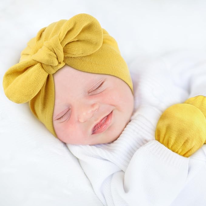 BQUBO Baby Turban Hats and Mittens Set Newborn Infant Hospital Hats Caps with Bows for Baby Boys Girls 0-12 Months