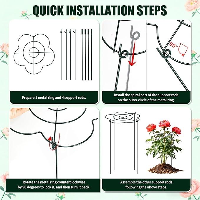 Peony Cages and Supports 8 Pack, 13" Dx24 H Grow Through Plant Supports，Heavy Duty Metal Plant Support Cage for Outdoor Flowers, Tomatoes, Hydrangeas, Cucumbers & Strawberries