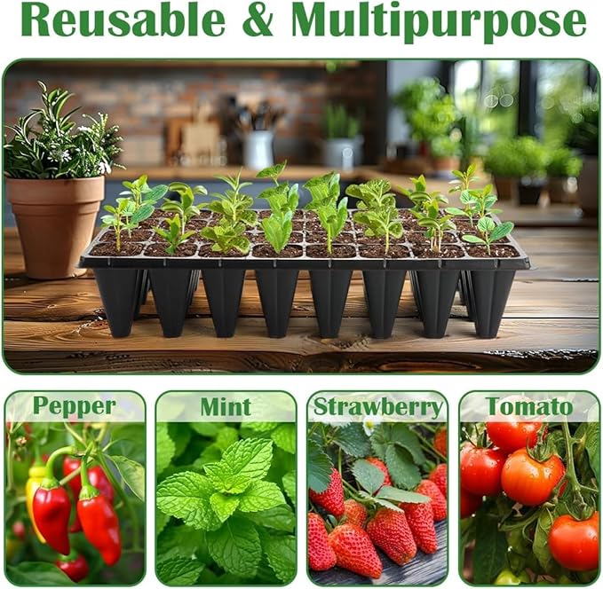 RooTrimmer 10 Pack 1020 Trays No Holes and 10 Pack 4.3" Deep 32 Cell Seed Starter Trays, 20" x 10" - Heavy Duty Plastic Nursery Flats for Seed Germination & Plant Propagation (10 Sets)