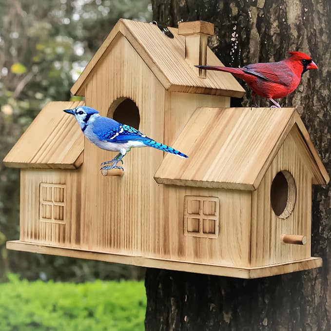 Bird Houses for Outside 3 Hole Bird House Room for 3 Bird Families Outdoor Bluebird Finch Cardinals Wooden Hanging Birdhouse for Garden