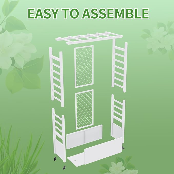Raised Garden Bed with Trellis & Hanging Roof, Weatherproof Metal Planter Box with Wheels, Garden Arch Trellis for Outdoor Climbing Plants Vines Flowers, 74" H x 44" L x 17" W, White