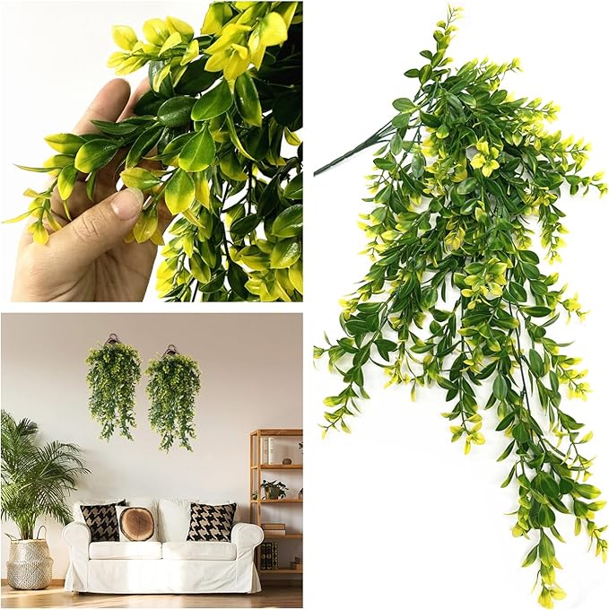 PASYOU Artificial Hanging Plants, Fake Vines Plastic Leaves Ivy Faux Greenery UV Resistant Plant for Indoor Outdoor Garden Office Decor Christmas Wedding Party Baskets DIY Decoration Yellow 4 Pack