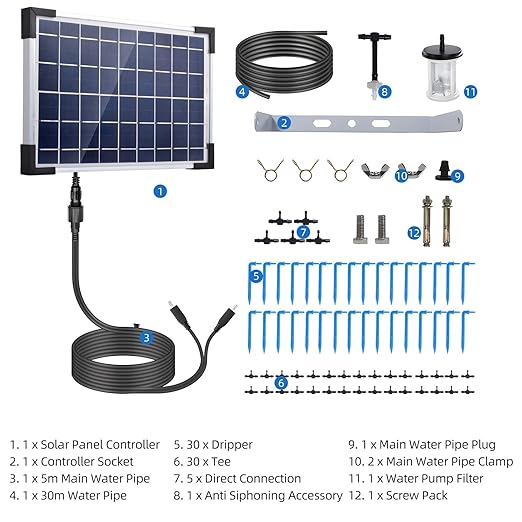 Dioche Drip Irrigation System Solar Powered Drip Irrigation Kit - SelfWatering System with 2200mAh Battery for 30 Pots - 7 Timer Modes, IP65, Ideal for Greenhouses & Outdoor