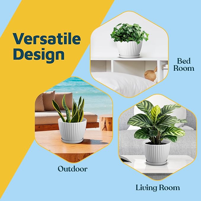 White 6-Inch Plant Pots with Drainage & Saucers 3 Pack, Indoor & Outdoor Planters for Houseplants, Herbs, and Flowers, Durable & Weatherproof Material, Stackable, Lightweight, Minimalist Design