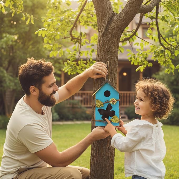DoubleFill 2 Pcs Birdhouses for Outdoor Hanging Yard Outside Wooden Birdhouse Hand Painted Bird Box for Bird Lovers Bluebird Tree Garden Decor Decorative Birdhouse(Blue,Light Green,Iron Roof)