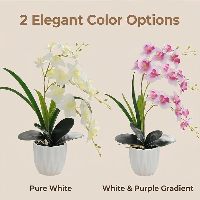 Artificial Orchid Potted Plant, White Purple Fake Orchid Flowers with White Pot, Bendable Faux Phalaenopsis Flower Arrangement for Home Office Table Centerpiece Wedding Party Bathroom Decor