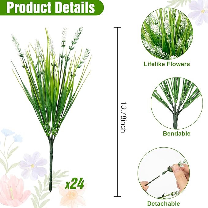 Roberly 24 Bundles Artificial Plants Outdoor, Fake Lavender Flowers UV Resistant Faux Shrubs Plastic Flowers Fake Greenery Plants for Porch Garden Window Box Home Indoor Outdoor Decorations, White
