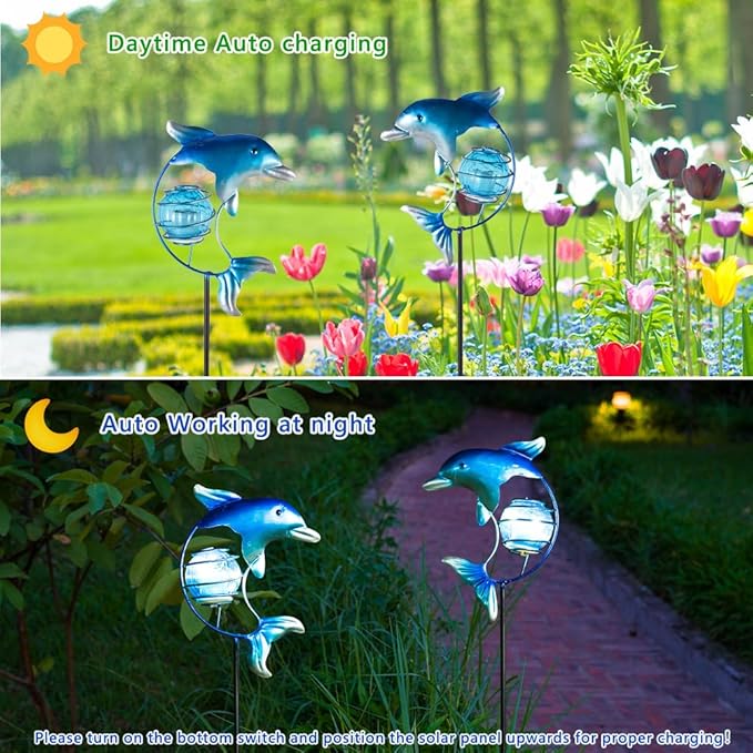 Outdoor Garden Solar Lights,Dolphin Outdoor Figurine Lights with Stakes,Waterproof Decorative Solar Decor for Patio,Yard,Lawn,Decorative Garden Stakes Present for Mom Women