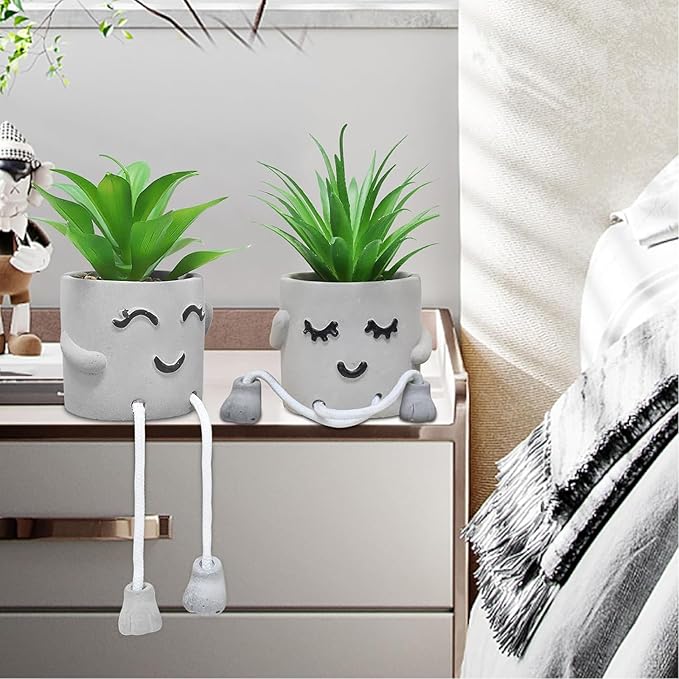 Zerzsy Faux Succulents in Cement Pots with Hanging Leg, Potted Mini Fake Plants for Desk Decor, Kitchen Shelf Decor, Office Decoration for Women, Bathroom Shelf Plants Decoration - Set of 2