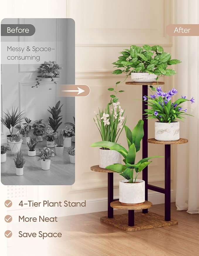 Homsorout Plant Stand Indoor - 4 Tiered Indoor Plant Stand, Metal Plant Shelf Plant Holder, Ideal for Living Room, Garden, Patio, Balcony (Black Brown)
