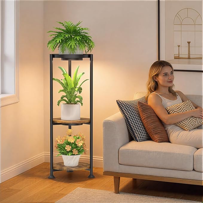 iDavosic.ly 3 Tier Plant Stand Indoor with Grow Light, 30 Inch Tall Vertical Corner Metal Flower Heavy Duty Pot Holder Shelf, Modern Black & Rustic Brown - Round