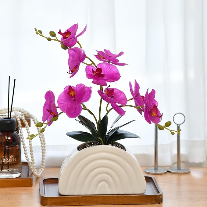 Fake Orchid Plant in White Rainbow Pot, Artificial Silk Phalaenopsis Orchid Flowers for Home Décor, Table Centerpiece, Office Desk (Fuchsia)