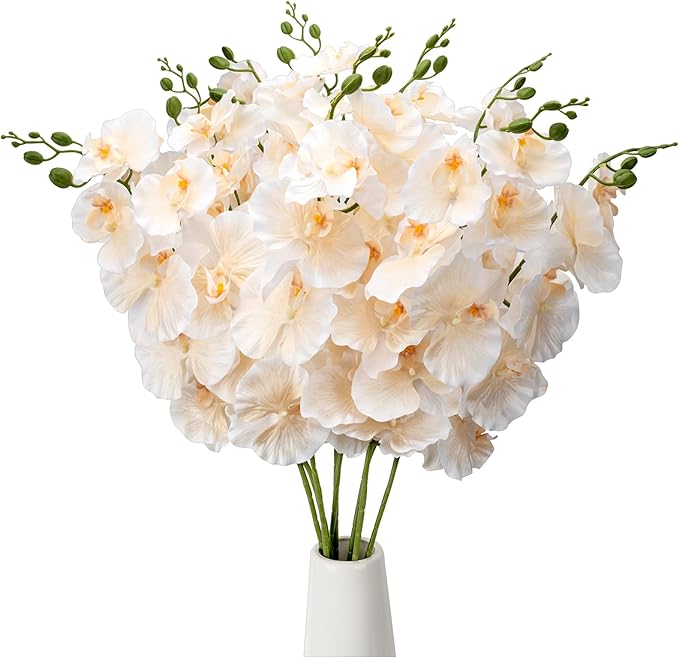 6 PCS Artificial Orchid Stems 33.5" Tall 9 Large Petals Fake Champagne Phalaenopsis Flower Arrangements for Home Wedding Living Room Table Centerpiece Office Table Decor Champagne