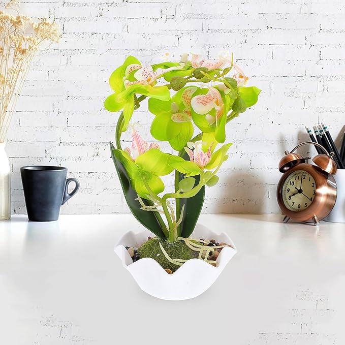 Artificial Phalaenopsis Bonsai in Pot Fake Orchid Flower Green Faux Orchid Bonsai Home Decoration Indoor Floral Arrangement for Living Room Table
