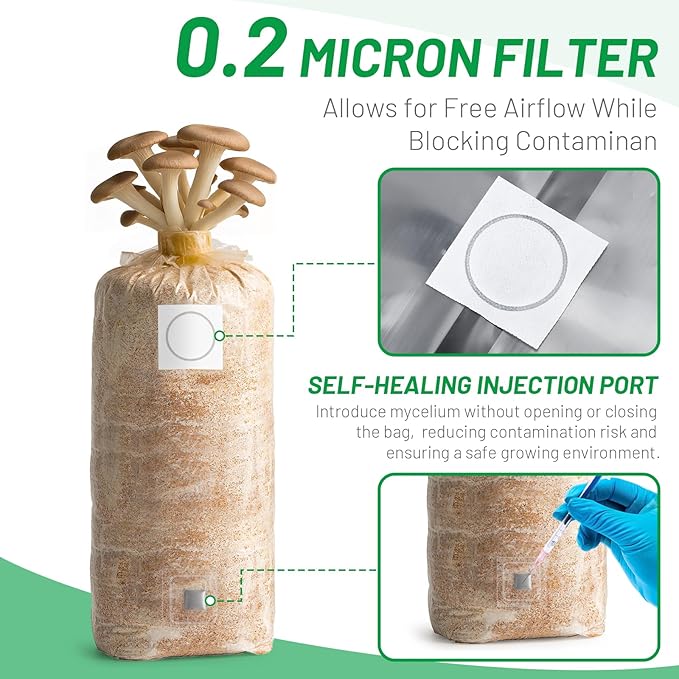 GREANER 6 Mil Grain Spawn Bags 25PCS, 6"x5"x20" Mushroom Bags for Growing with Injection Ports, Unicorn Bags Mushroom with 0.2 Micron Filter Breathable