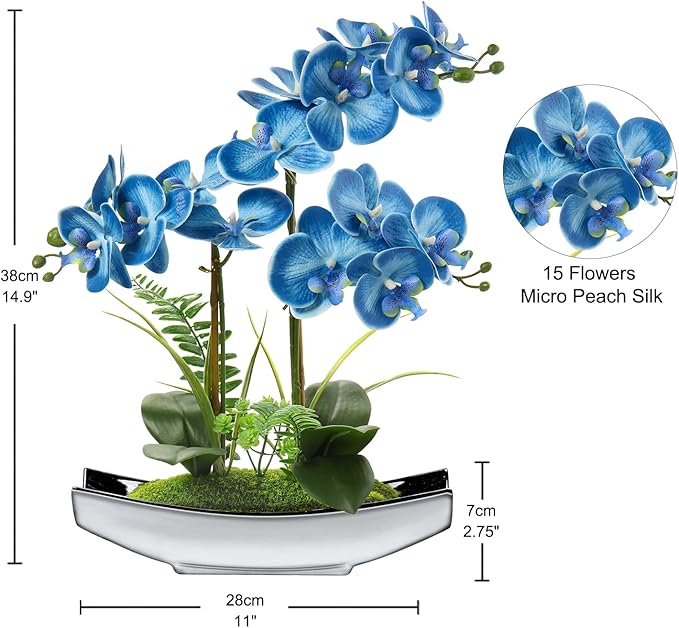 Orchids Artificial Flowers 15" Blue Phalaenopsis Orchid with Silver Pots Real Touch Faux Orchids for Home Office Bedroom Living Room Table Decoration, Briful
