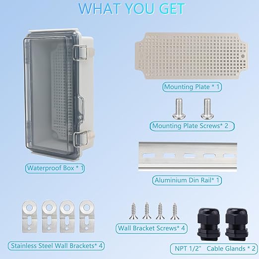 Waterproof Junction Box, ABS Plastic Electrical Box with Stainless Steel Latch, Hinged Cover Electric Project Enclosure Box with Mounting Plate, Wall Brackets & Cable Gland 7.9"x3.9"x2.8"