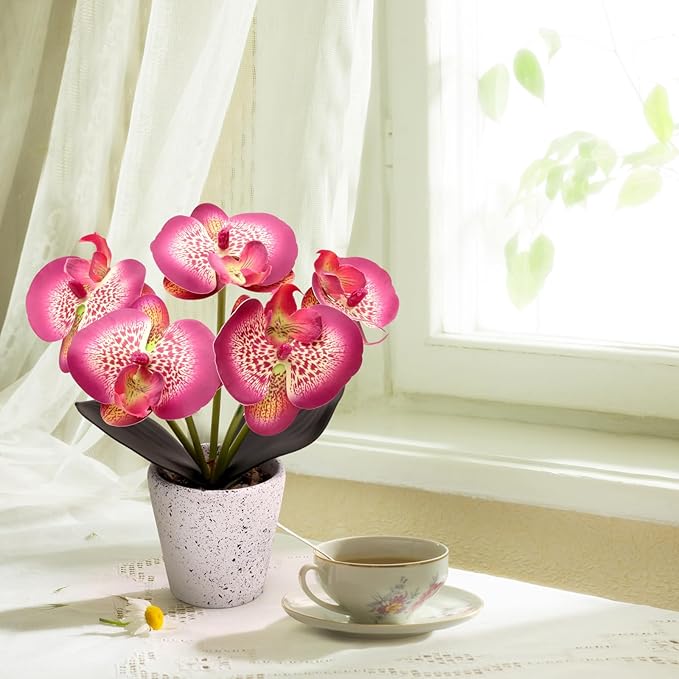 Artificial Orchid Flower Potted Plants Realistic Purple Faux Phalaenopsis Flowers in Pot Flower Arrangements Living Room Wedding Party Decor