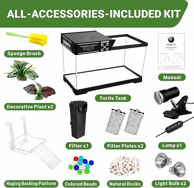 GOZILLA Aquatic Turtle Tank Kit+Lamp+Filter, Upgrade PC Turtle Tank Starter Kit with Adjustable Lamp & Filter,Reptile Habitat with Lid,Hanging Platform for Small Reptiles.(15.75×7.9×9''/Black Kit)