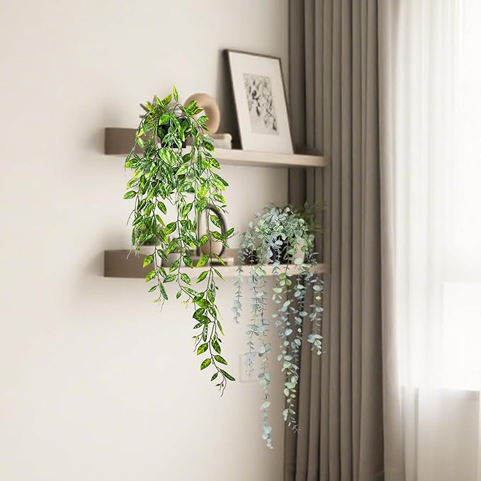 2 Packs Fake Potted Plants Artificial Hanging Plant with Black Pot Faux Hanging Potted Flowers Faux Pathos Vine Plant - Ideal for Shelf Decor Home Office Indoor Decoration (Eucalyptus + Dutch bean)