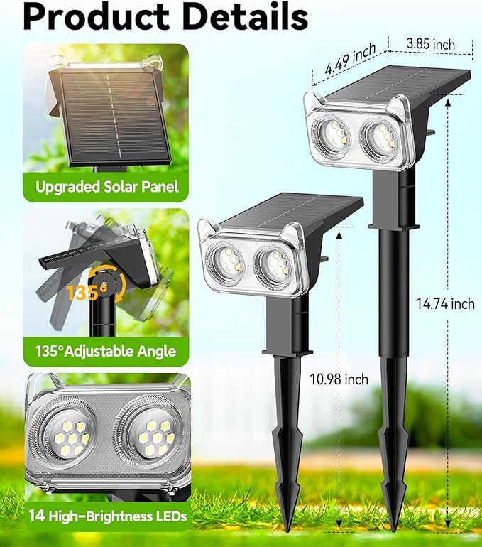 LETMY Solar Lights Outdoor Waterproof IP65, 4 Pack Solar Spot Lights Outdoor With 14 Big LEDs, 2-in-1 Wall Lights & 2 Modes Solar Powered Landscape Spotlights for Garage Pathway Yard Decor Garden Gift