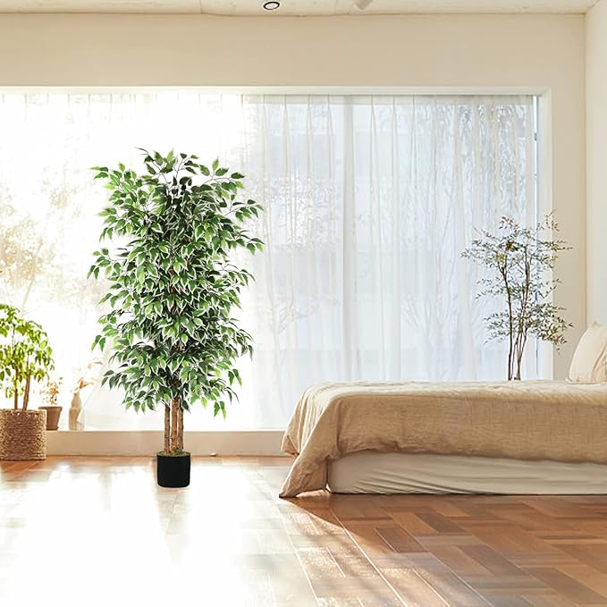 GTIDEA 6ft Artificial Tree Ficus, Tall Faux Trees Indoor with Natural Trunk and Fake Silk Tree Fake Plants for Home Spring Decor Living Room Outdoor Balcony House Office (Included Dried Moss)