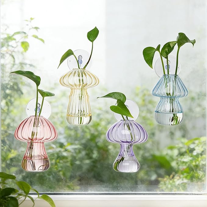 Bunmery Window Propagation Stations, 4 pcs Colored Mushroom Plant Propagation Station with Suction Cups, Easy to Install Window Hanging Planer, Indoor No Nails Glass Vase Terrarium for Plants&Flowers