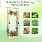 BECOMFORT Raised Garden Bed with Trellis & Hanging Roof, 89" Tall Fir Wood Planter Box with Drainage Holes, Outdoor Elevated Garden Planter for Climbing Vines, Perfect for Patio, Lawn & Backyard