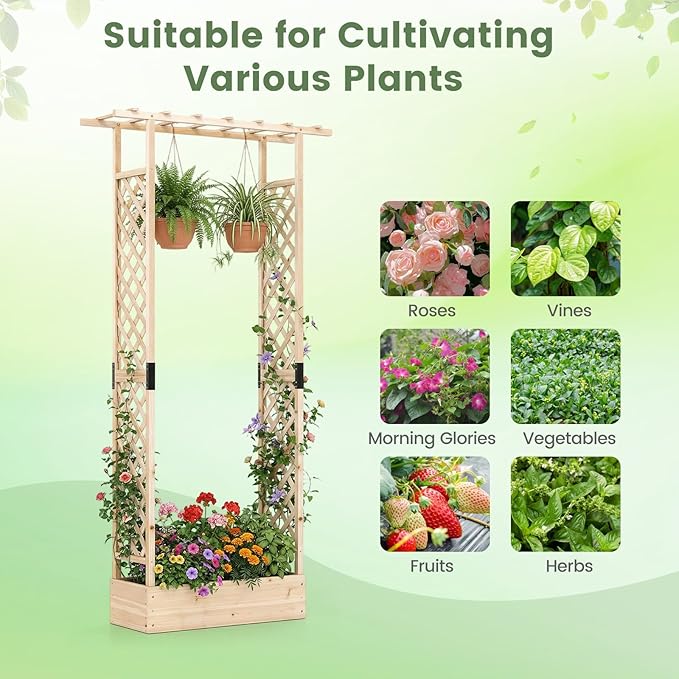BECOMFORT Raised Garden Bed with Trellis & Hanging Roof, 89" Tall Fir Wood Planter Box with Drainage Holes, Outdoor Elevated Garden Planter for Climbing Vines, Perfect for Patio, Lawn & Backyard