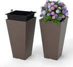 Giantex Square Taper Planter Set of 2, Self-Watering Flower Pots with/Removable Inner Bucket & Drainage Holes, Indoor Outdoor Decorative Plant Container for Porch Balcony (Brown,11.5"x11.5"x22.5")