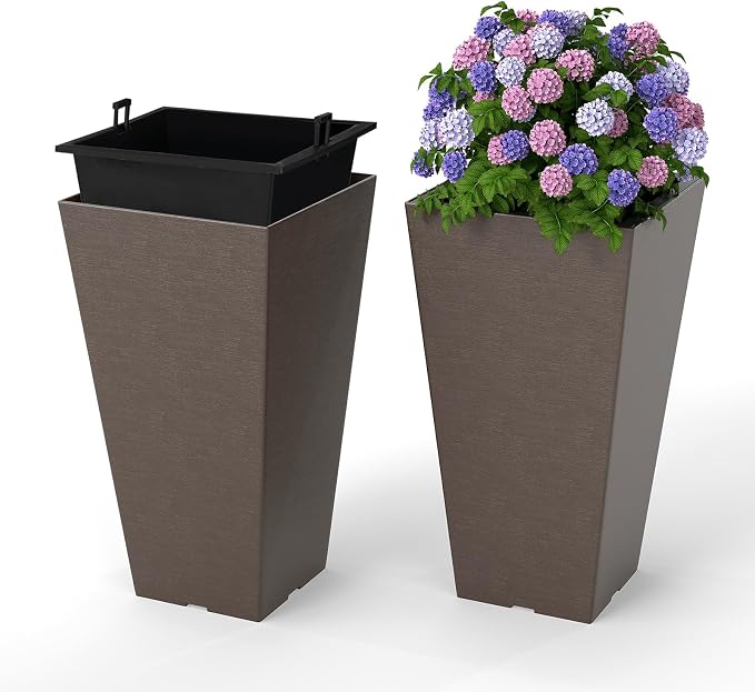 Giantex Square Taper Planter Set of 2, Self-Watering Flower Pots with/Removable Inner Bucket & Drainage Holes, Indoor Outdoor Decorative Plant Container for Porch Balcony (Brown,11.5"x11.5"x22.5")
