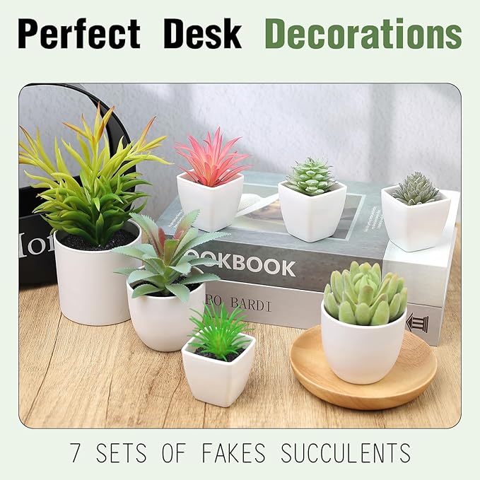 7 Pack Small Fake Plants Artificial Succulent Plants Assorted Mini Faux Succulent Decoration Greenery for Living Room Home Office Shelf