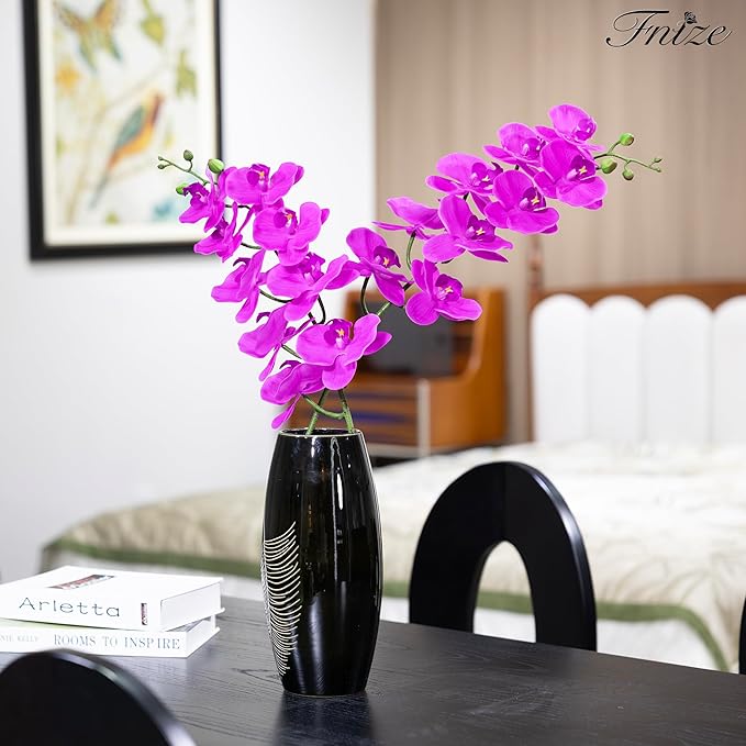 Fnize Artificial Orchid Stems Real Touch Latex Phalaenopsis Branches Faux Cymbidium Flowers 9 Large Petals 38 Inches 2pcs (Rose red)