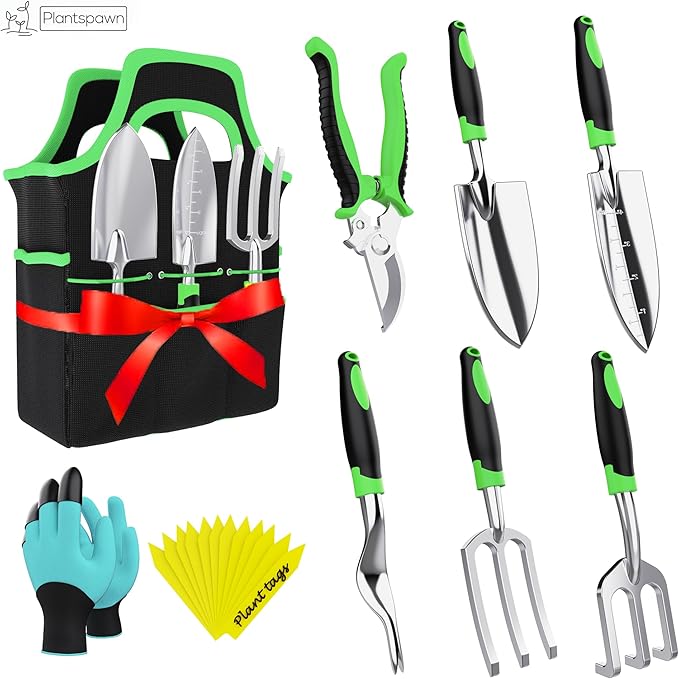 8 PCS Gardening Tools Set with Bag | Heavy-Duty Rust-Proof Hand Tools, Plastic Handles, 15 Plant Tags Included | Garden Tools, Gardening Essentials, Garden Supplies Gift for Men, Women & Gardeners