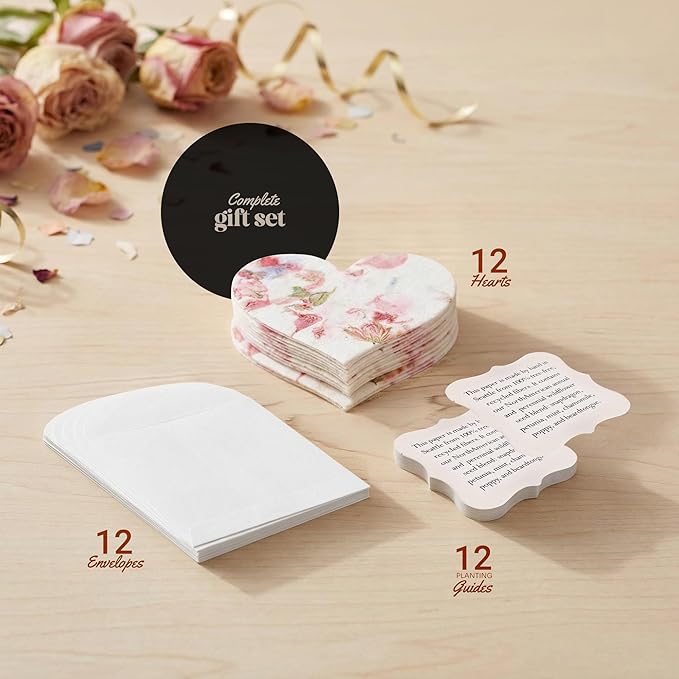 Set of 12 Pink Heart Seed Paper – Writable & Plantable Wildflower with Envelopes & Planting Guides, Mom's Gift for Mother’s Day, Use for Wedding, Baby Shower, Heart Party Favors & Easter Decorations