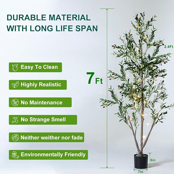 Olive Trees Artificial Indoor, 7FT Tall Faux Olive Tree with Moss and Planter, Artificial Plants Indoor with Natural Wood Trunk and Lifelike Fruits, Fake Tree for Home Office Living Room Decor